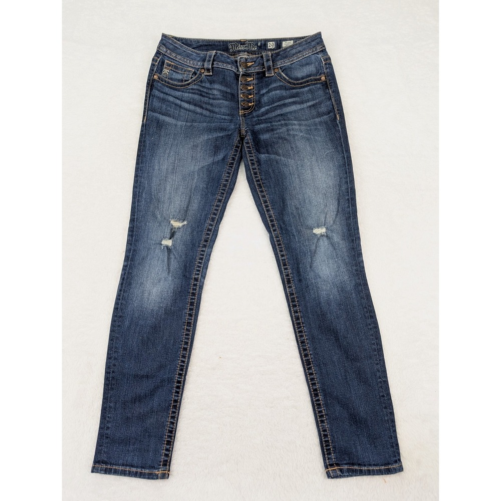 Miss Me Jeans Women's 29 Blue Mid Rise Skinny Distressed Button Fly MS5151S364
